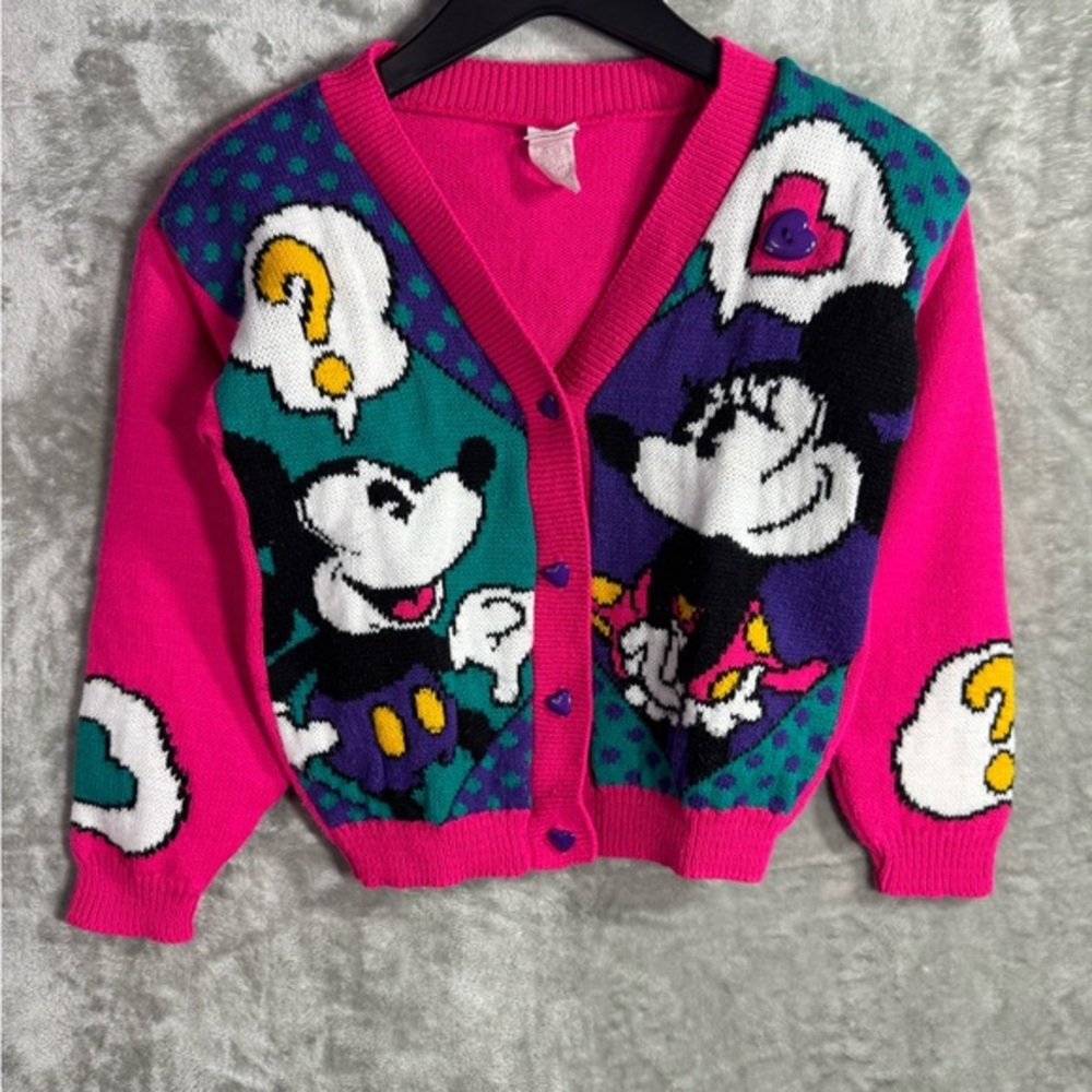 Vintage Disney Mickey & Co Mickey Minnie Mouse Cardigan AOP Youth Small 7/8 90s